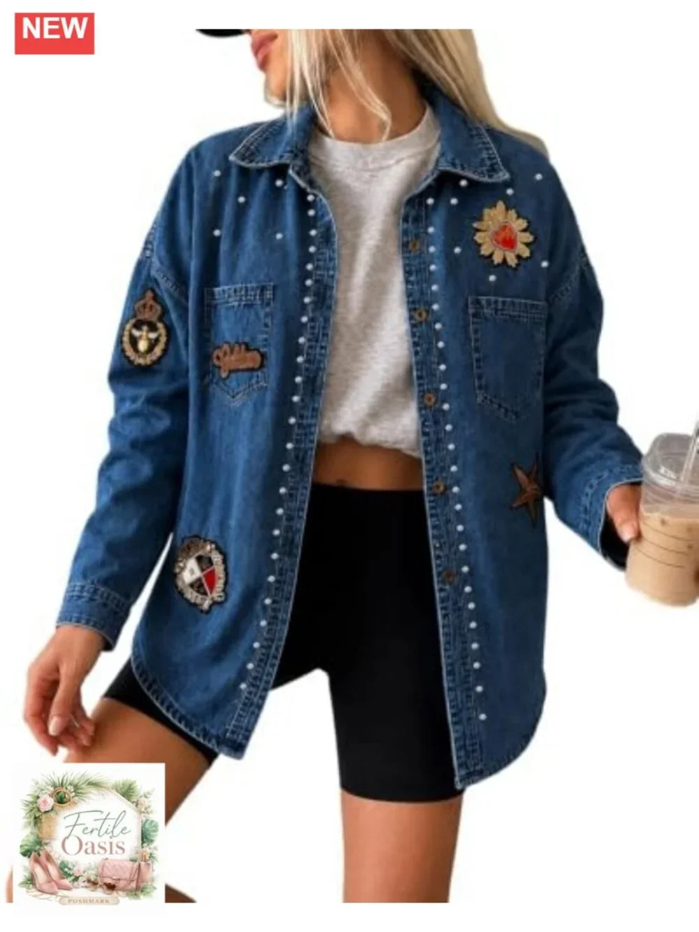 Oversized Rhinestone Denim Shacket Embroidered Patches Jacket